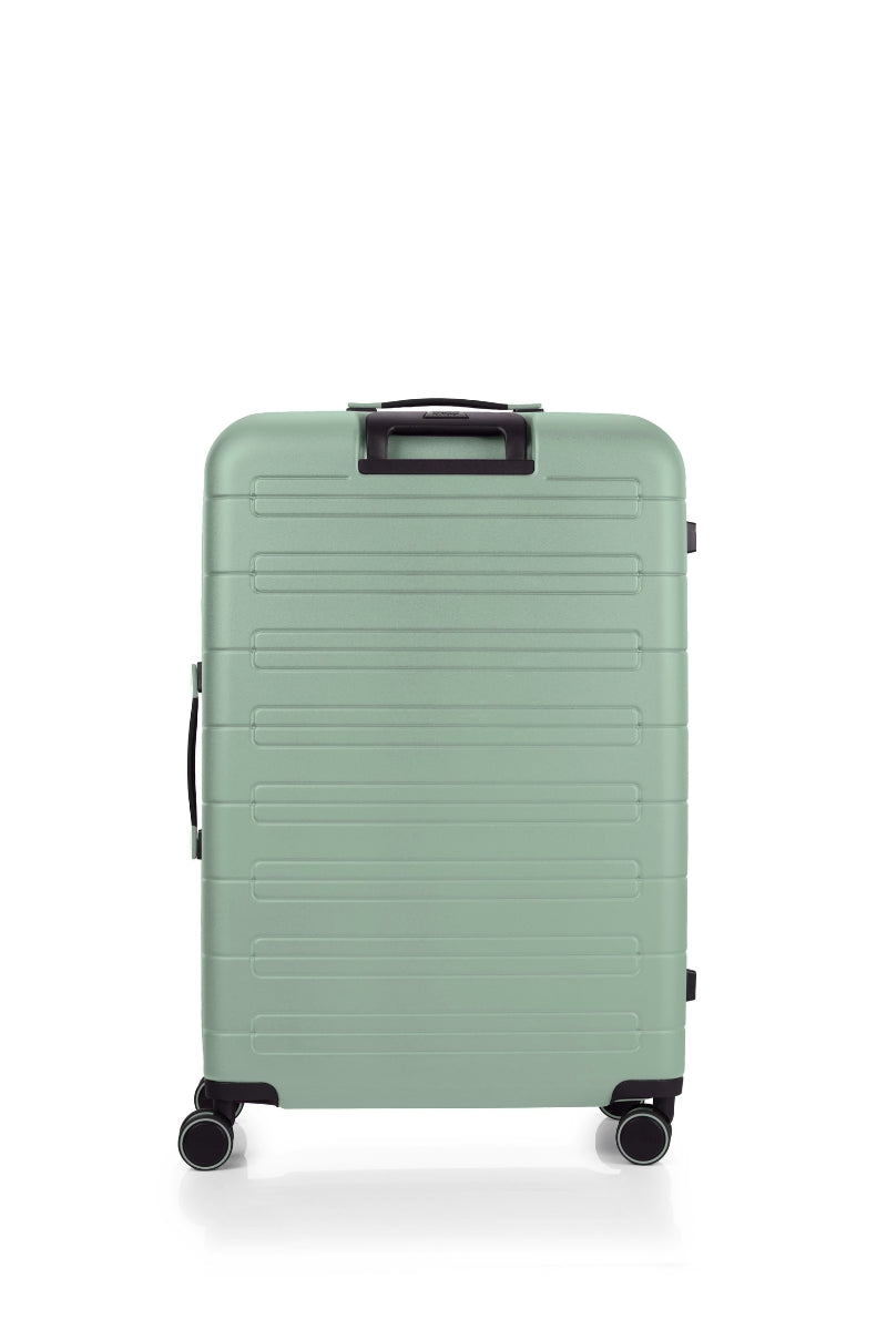 Back view of the American Tourister Novastream hard suitcase Luggage in Nomad Green, with ribbed design, TSA lock, and spinner wheels. Order Online Today