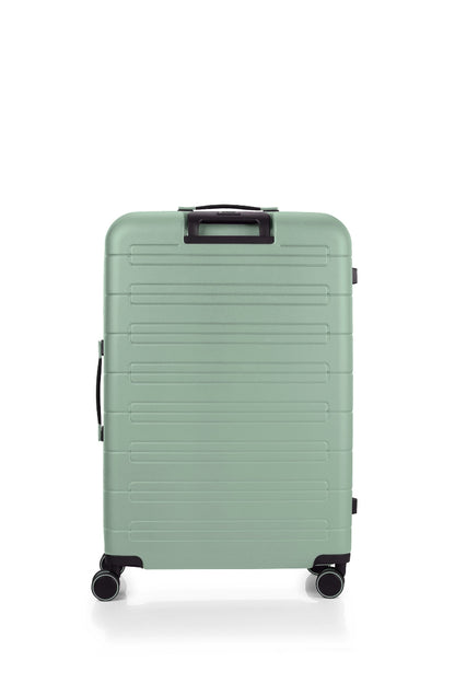 Back view of the American Tourister Novastream hard suitcase Luggage in Nomad Green, with ribbed design, TSA lock, and spinner wheels. Order Online Today