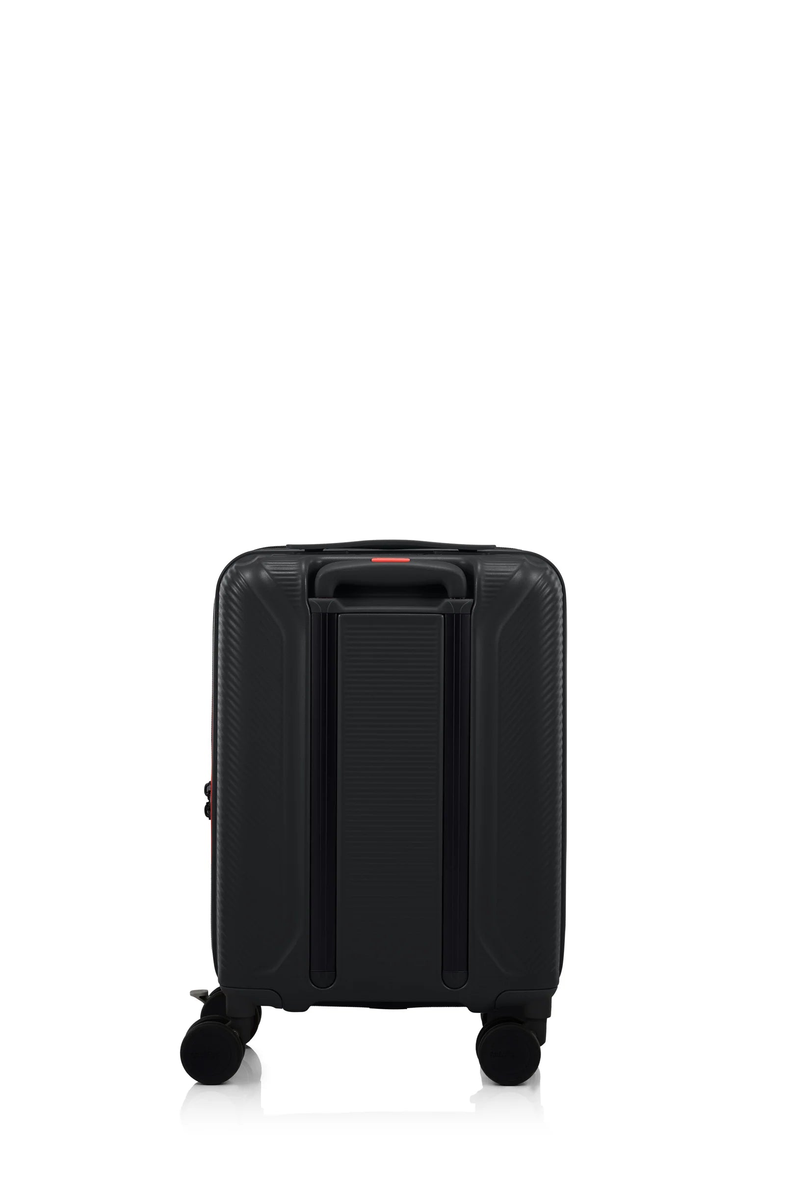 Back view of the American Tourister Robotech spinner hard luggage in Black, showing the sleek textured hardshell and robust double wheels. Shop Online