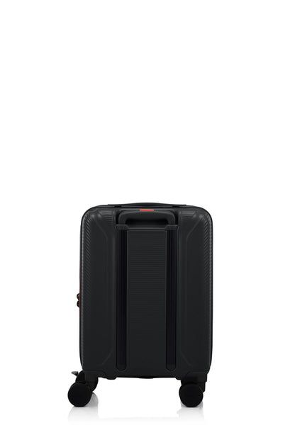 Back view of the American Tourister Robotech spinner hard luggage in Black, showing the sleek textured hardshell and robust double wheels. Shop Online