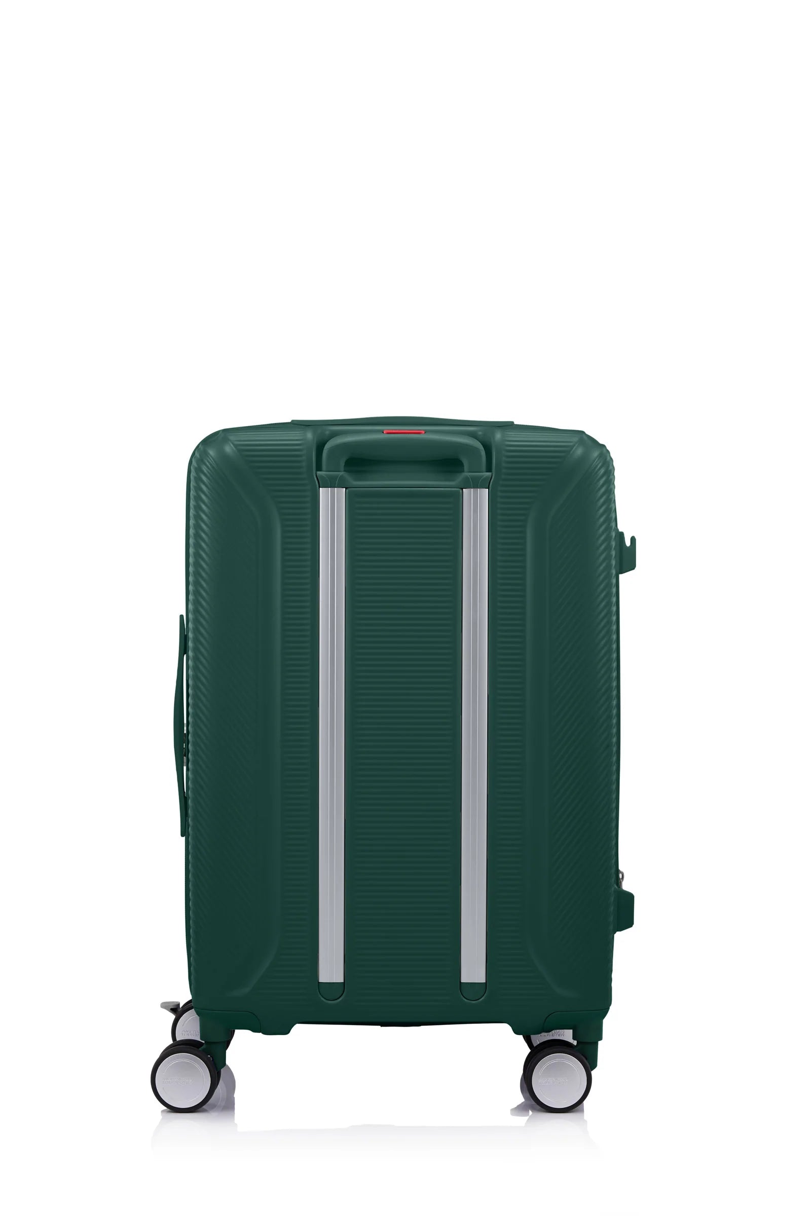 Back view of the American Tourister Robotech spinner hard luggage in Dark Green, showing the sleek textured hardshell and robust double wheels. Shop Online