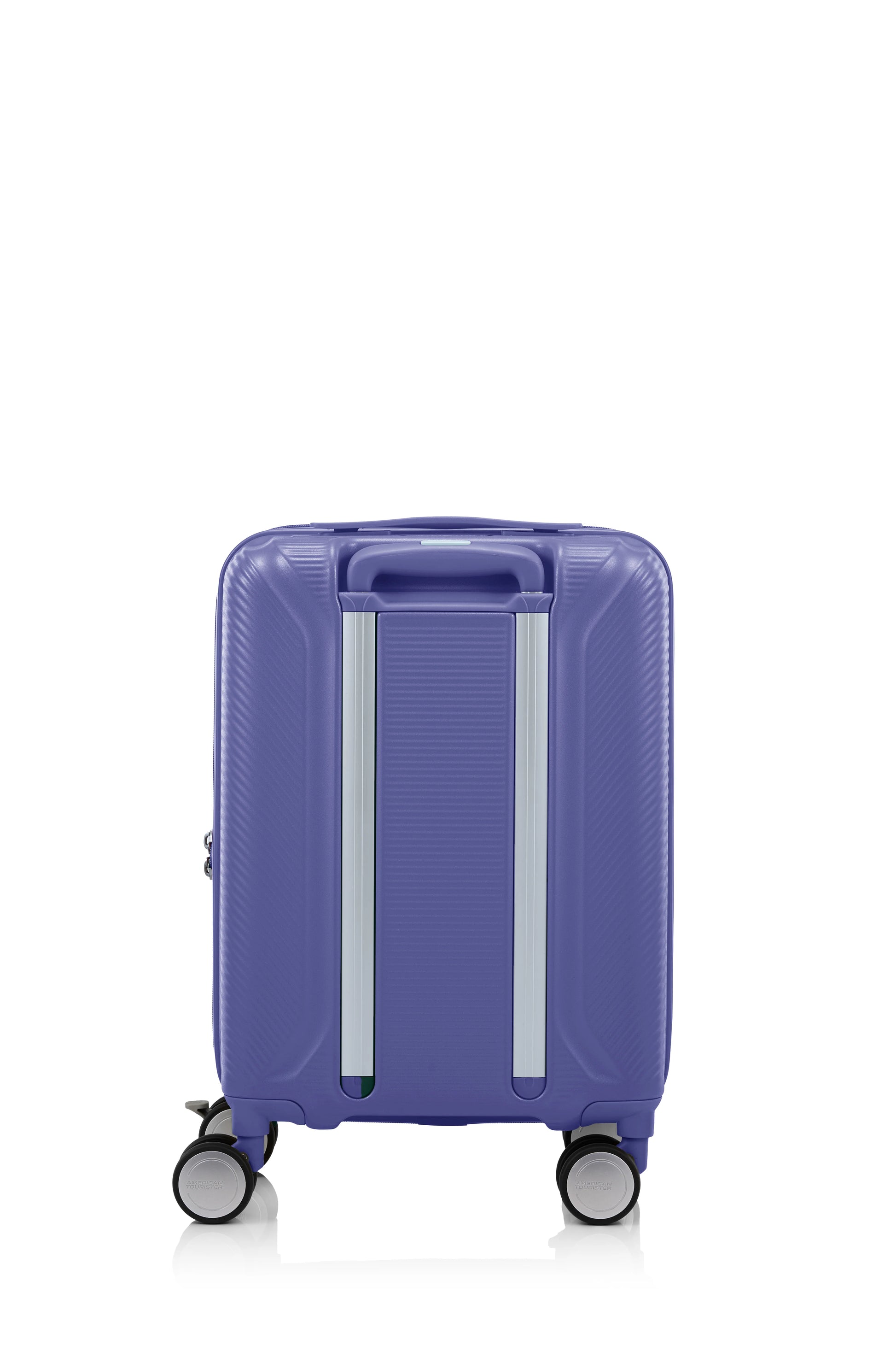 Back view of the American Tourister Robotech spinner hard luggage in Future Dusk, showing the sleek textured hardshell and robust double wheels. Shop Online