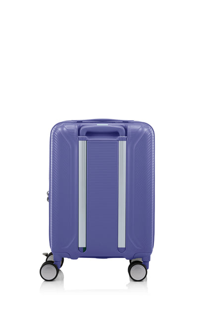 Back view of the American Tourister Robotech spinner hard luggage in Future Dusk, showing the sleek textured hardshell and robust double wheels. Shop Online