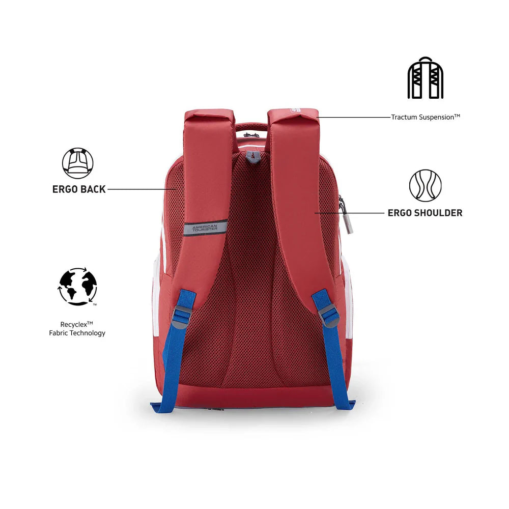 Back view of the Herd 2.0 Backpack in Red/Blue. Shop Now Online 