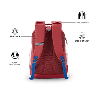 Back view of the Herd 2.0 Backpack in Red/Blue. Shop Now Online 
