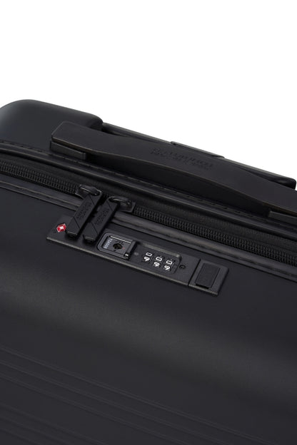 Close-up Top view of the American Tourister Novastream hard suitcase Luggage in Dark Slate, with ribbed design, TSA lock, and spinner wheels. Order Online Today