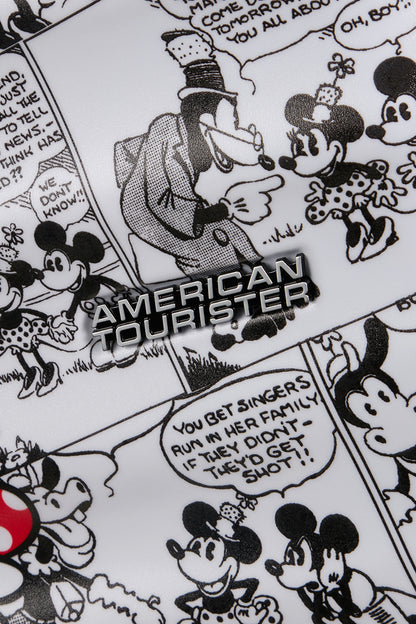 Close-up brand name view of the American Tourister Disney Wavebreaker spinner luggage. Available Online