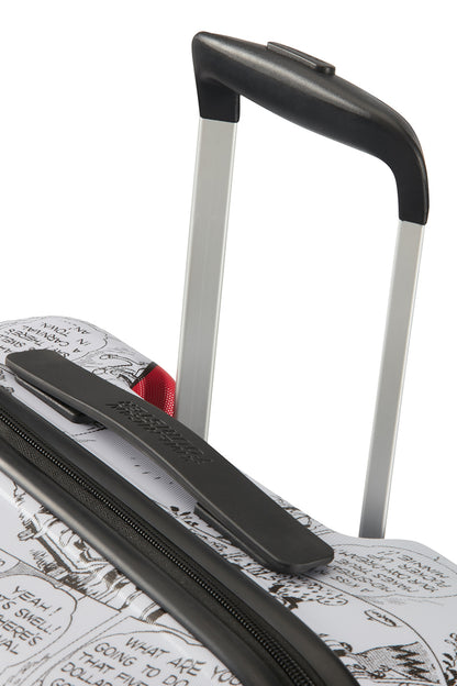 Close-up handle view of the American Tourister Disney Wavebreaker spinner luggage, showing the expandable and the carry handles. Available Online