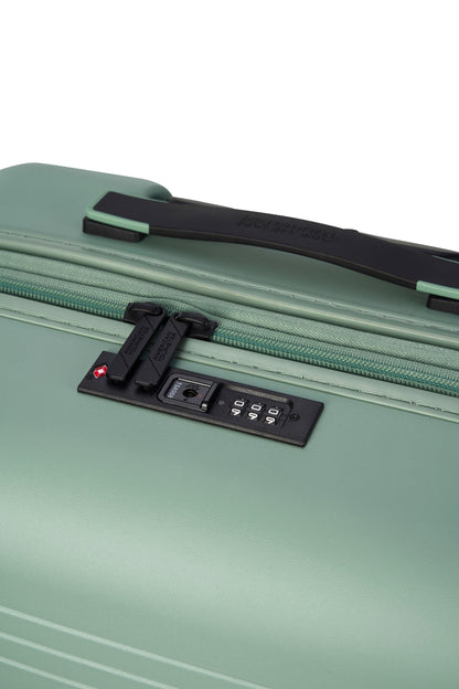 Close-up top view of the American Tourister Novastream hard suitcase Luggage in Nomad Green, with ribbed design, TSA lock, and spinner wheels. Order Online Today