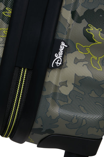 Close-up view of the American Tourister Disney Wavebreaker in Donald Duck Camo, showcasing the green camouflage pattern with subtle Donald Duck silhouettes.. Shop Now Online
