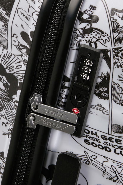Close-up view of the integrated TSA-approved combination lock, keeping the Disney-themed zippers securely in place. Available Online