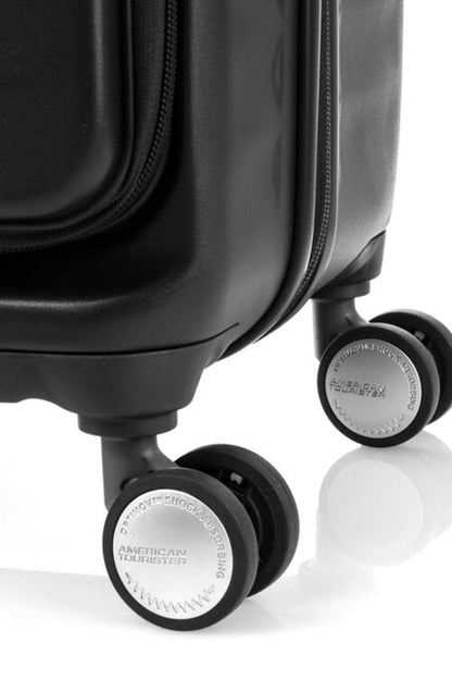 Detailed shot of the Optimov™ shock-absorbing double spinner wheels of the American Tourister Frontec Spinner in Black, designed for smooth 360-degree maneuverability. Available for Online Purchase