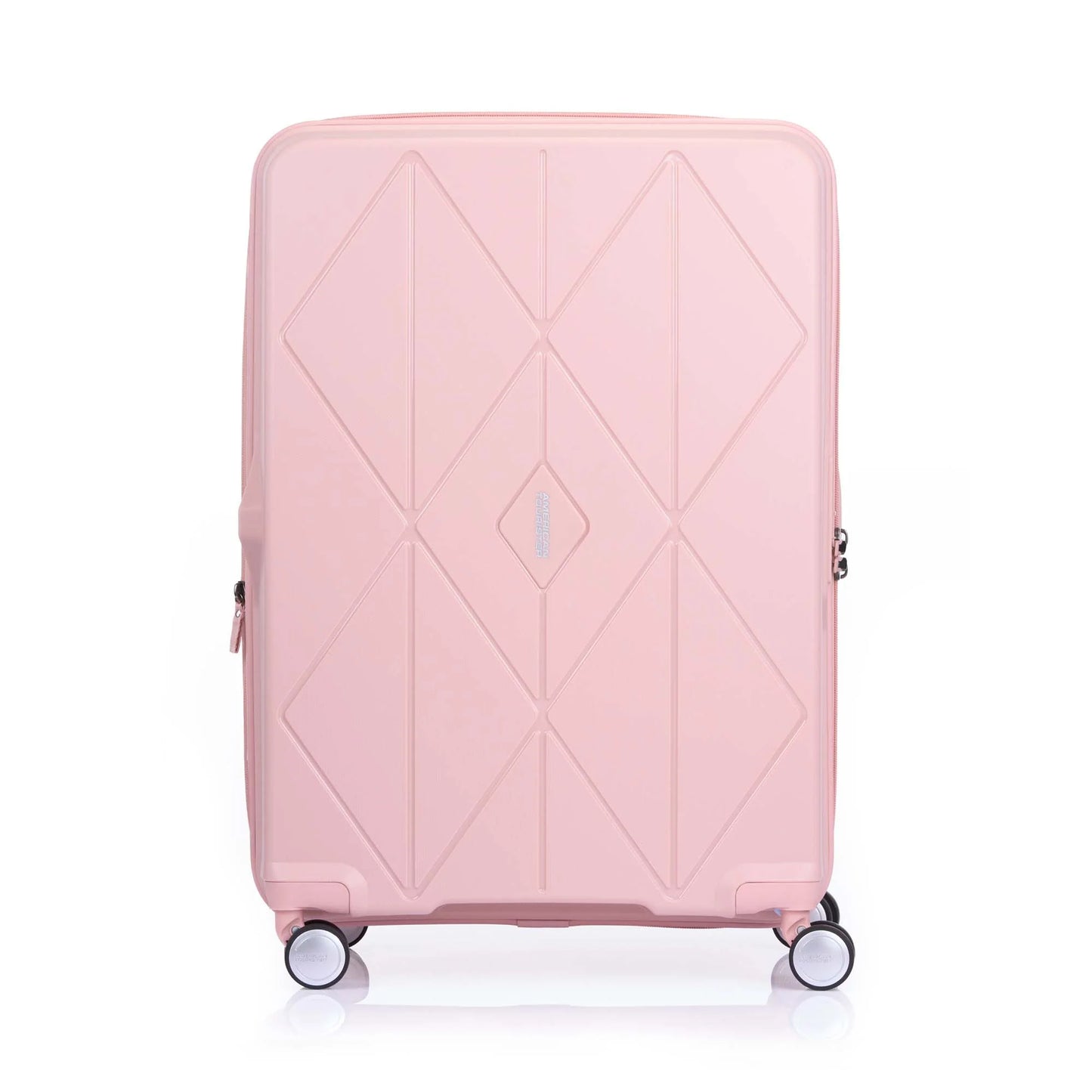 Front view of the American Tourister Argyle Extra Large hard suitcase in Antique Pink, with geometric design, TSA lock, and spinner wheels Available Online