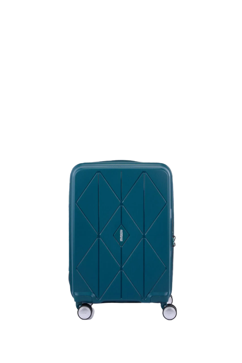 Front view of the American Tourister Argyle cabin hard suitcase in Deep Teal, with geometric design, TSA lock, and spinner wheels Available Online