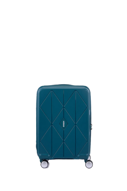 Front view of the American Tourister Argyle cabin hard suitcase in Deep Teal, with geometric design, TSA lock, and spinner wheels Available Online