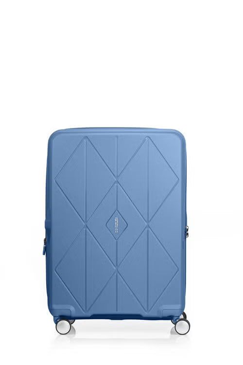 Front view of the American Tourister Argyle hard suitcase in Blue Slate, with geometric design, TSA lock, and spinner wheels Available Online