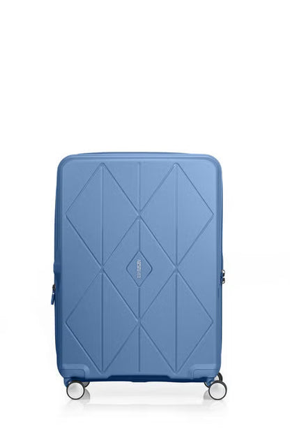 Front view of the American Tourister Argyle hard suitcase in Blue Slate, with geometric design, TSA lock, and spinner wheels Available Online