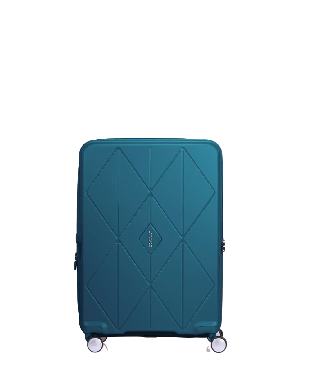 Front view of the American Tourister Argyle medium hard suitcase in Deep Teal, with geometric design, TSA lock, and spinner wheels Available Online