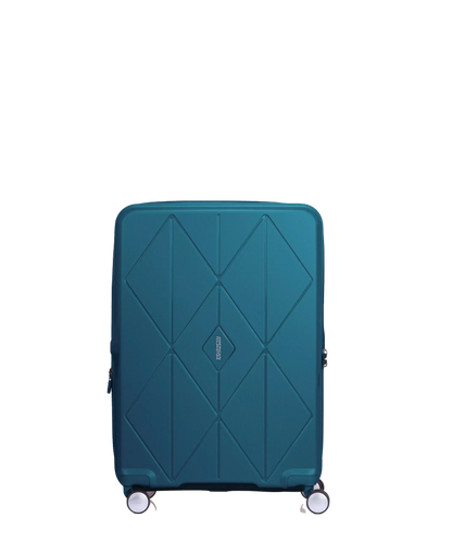 Front view of the American Tourister Argyle medium hard suitcase in Deep Teal, with geometric design, TSA lock, and spinner wheels Available Online