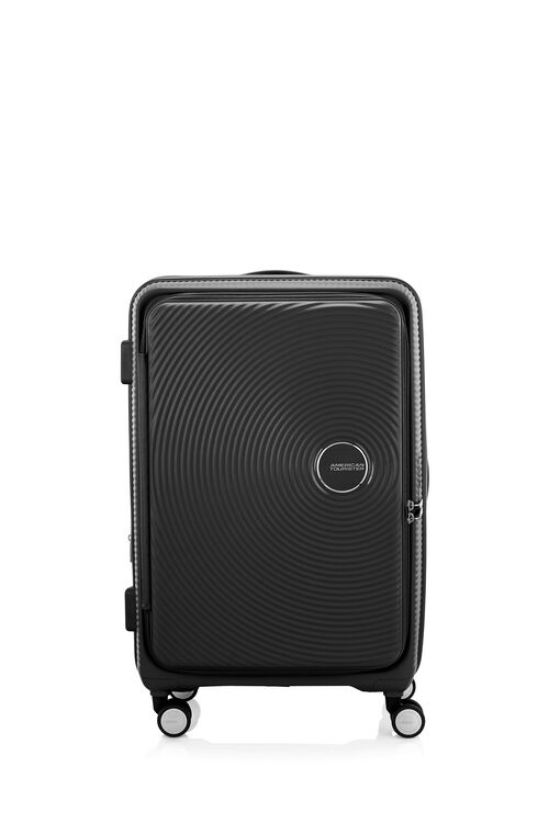 Front view of the American Tourister Curio Book Opening hard luggage spinner in Black, showcasing its iconic concentric circle "ripple" design on a durable polypropylene shell. Find Now Online