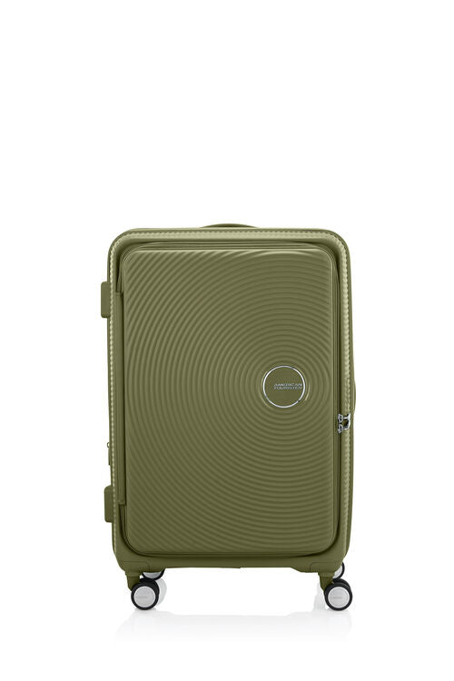 Front view of the American Tourister Curio Book Opening hard luggage spinner in Bo Khaki, showcasing its iconic concentric circle "ripple" design on a durable polypropylene shell. Find Now Online