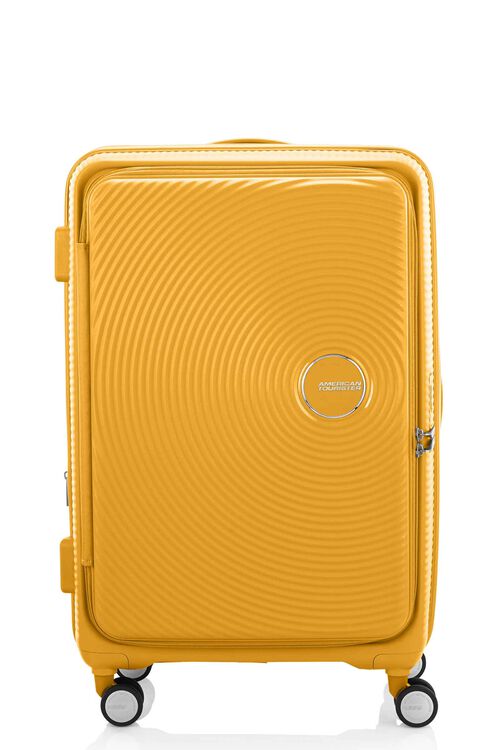 Front view of the American Tourister Curio Book Opening hard luggage spinner in Yellow, showcasing its iconic concentric circle "ripple" design on a durable polypropylene shell. Find Now Online