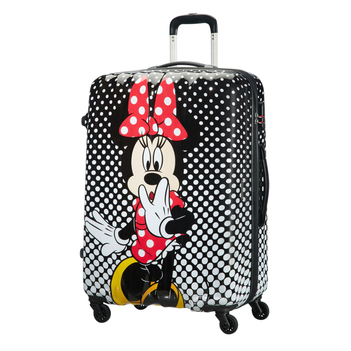 Front view of the American Tourister Disney Legends Large spinner luggage, featuring a classic, high-gloss polka dot Minnie Mouse design with a bright red bow. Shop Now Online