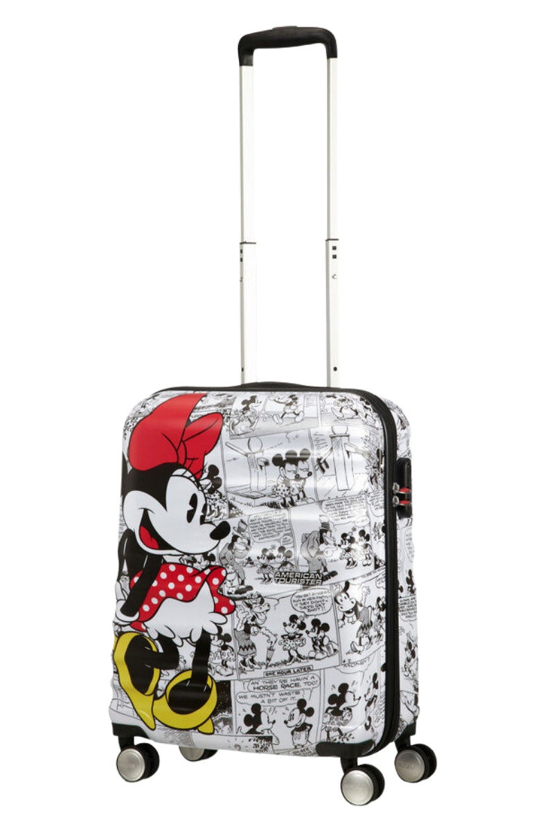 Front view of the American Tourister Disney Wavebreaker Cabin spinner luggage, featuring a vibrant graphic of Minnie Mouse on a textured hardshell background. Available Online
