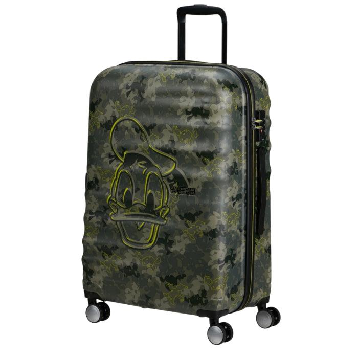 Front view of the American Tourister Disney Wavebreaker Large in Donald Duck Camo, showcasing the green camouflage pattern with subtle Donald Duck silhouettes.. Shop Now Online