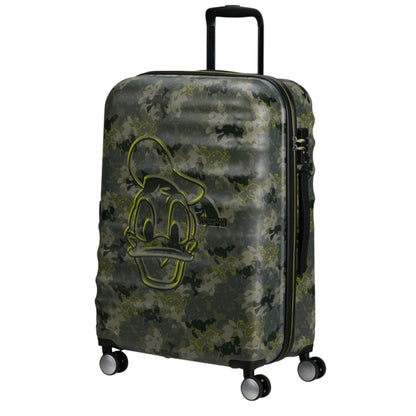 Front view of the American Tourister Disney Wavebreaker Large in Donald Duck Camo, showcasing the green camouflage pattern with subtle Donald Duck silhouettes.. Shop Now Online
