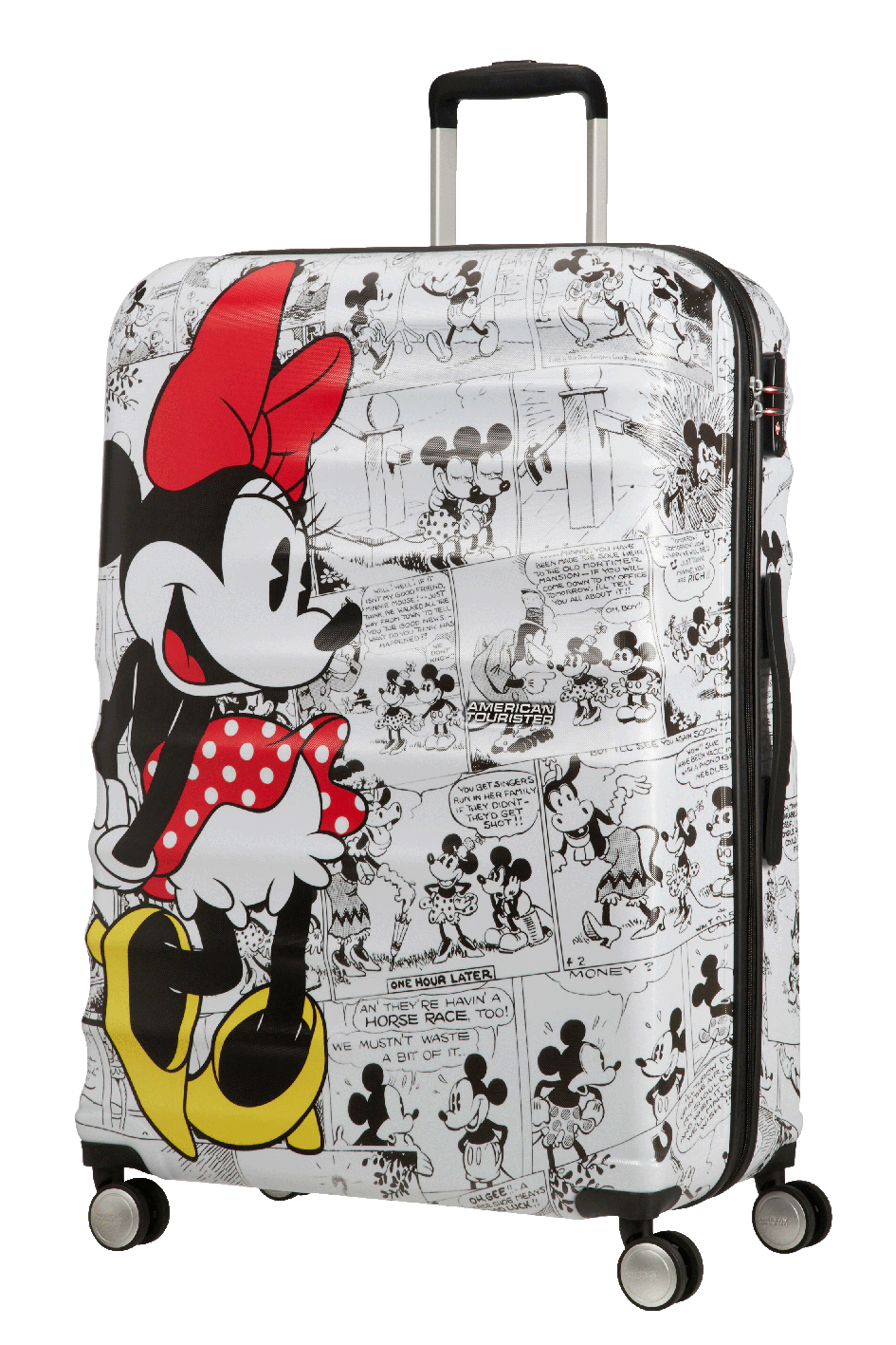 Front view of the American Tourister Disney Wavebreaker Large spinner luggage, featuring a vibrant graphic of Minnie Mouse on a textured hardshell background. Available Online