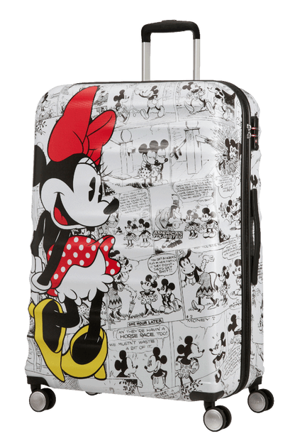 Front view of the American Tourister Disney Wavebreaker Large spinner luggage, featuring a vibrant graphic of Minnie Mouse on a textured hardshell background. Available Online