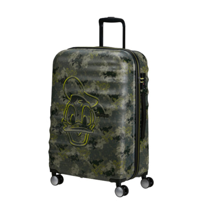 Front view of the American Tourister Disney Wavebreaker Medium in Donald Duck Camo, showcasing the green camouflage pattern with subtle Donald Duck silhouettes.. Shop Now Online