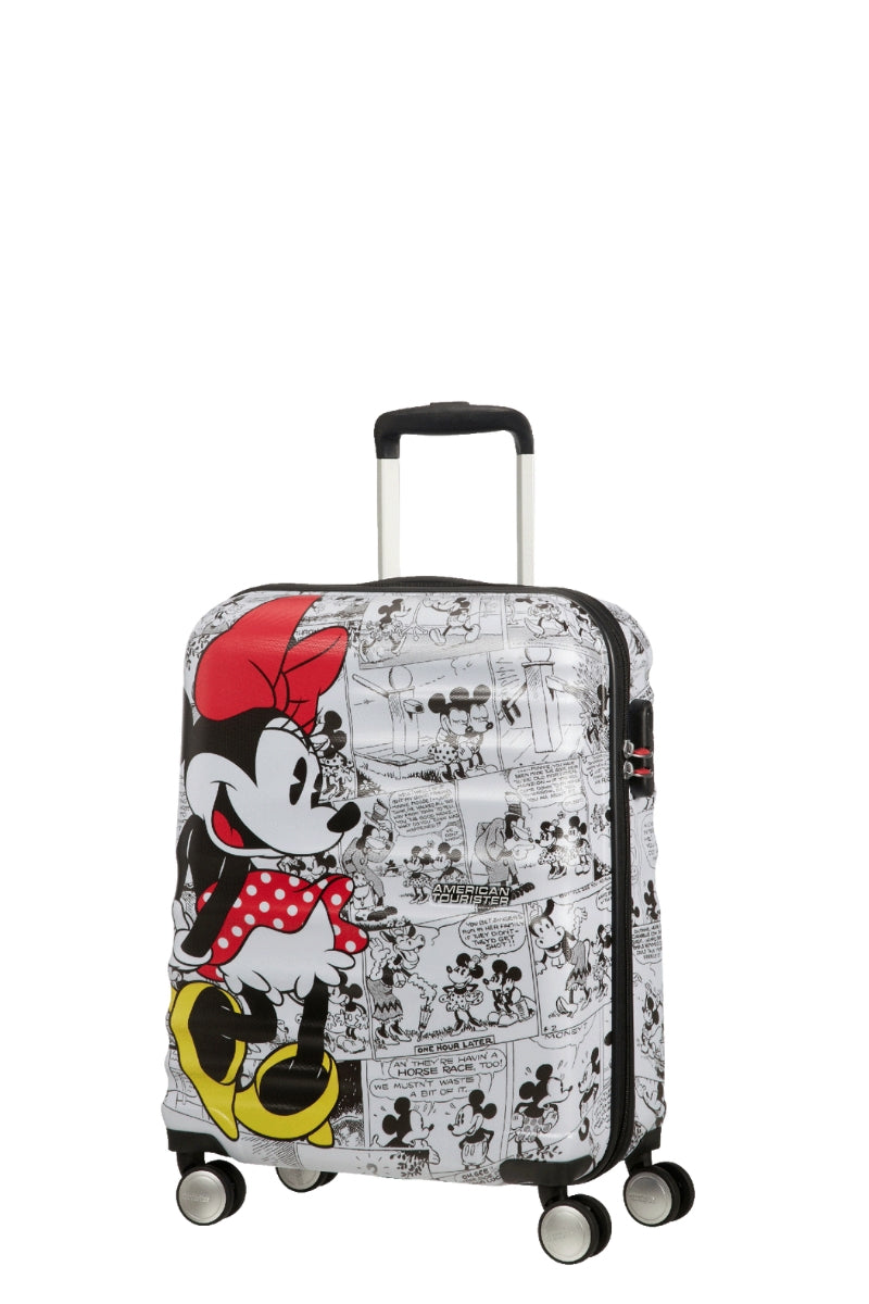 Front view of the American Tourister Disney Wavebreaker Medium spinner luggage, featuring a vibrant graphic of Minnie Mouse on a textured hardshell background. Available Online