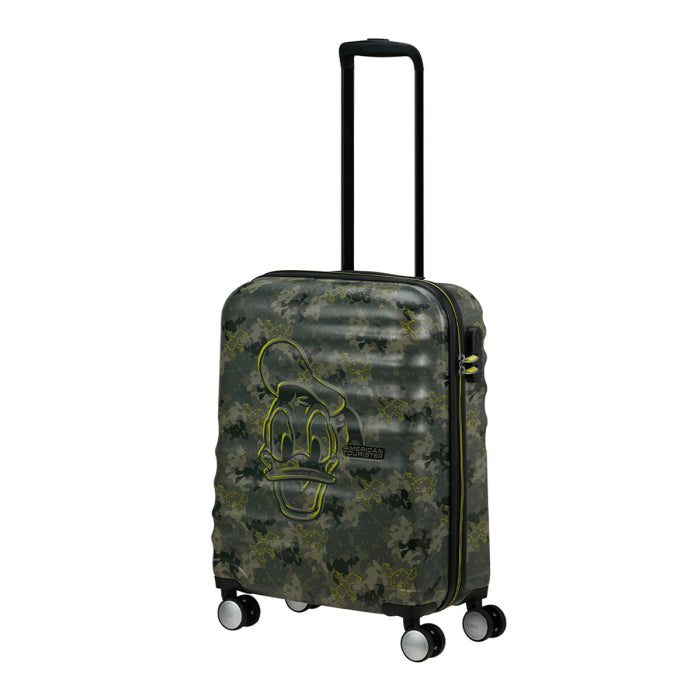 Front view of the American Tourister Disney Wavebreaker cabin in Donald Duck Camo, showcasing the green camouflage pattern with subtle Donald Duck silhouettes.. Shop Now Online
