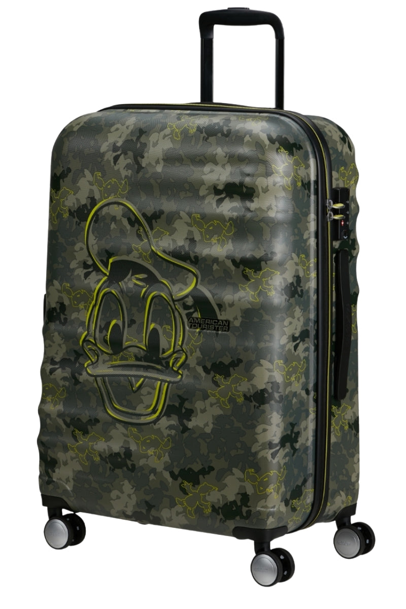 Front view of the American Tourister Disney Wavebreaker in Donald Duck Camo, showcasing the green camouflage pattern with subtle Donald Duck silhouettes.. Shop Now Online