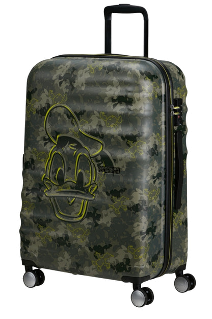 Front view of the American Tourister Disney Wavebreaker in Donald Duck Camo, showcasing the green camouflage pattern with subtle Donald Duck silhouettes.. Shop Now Online