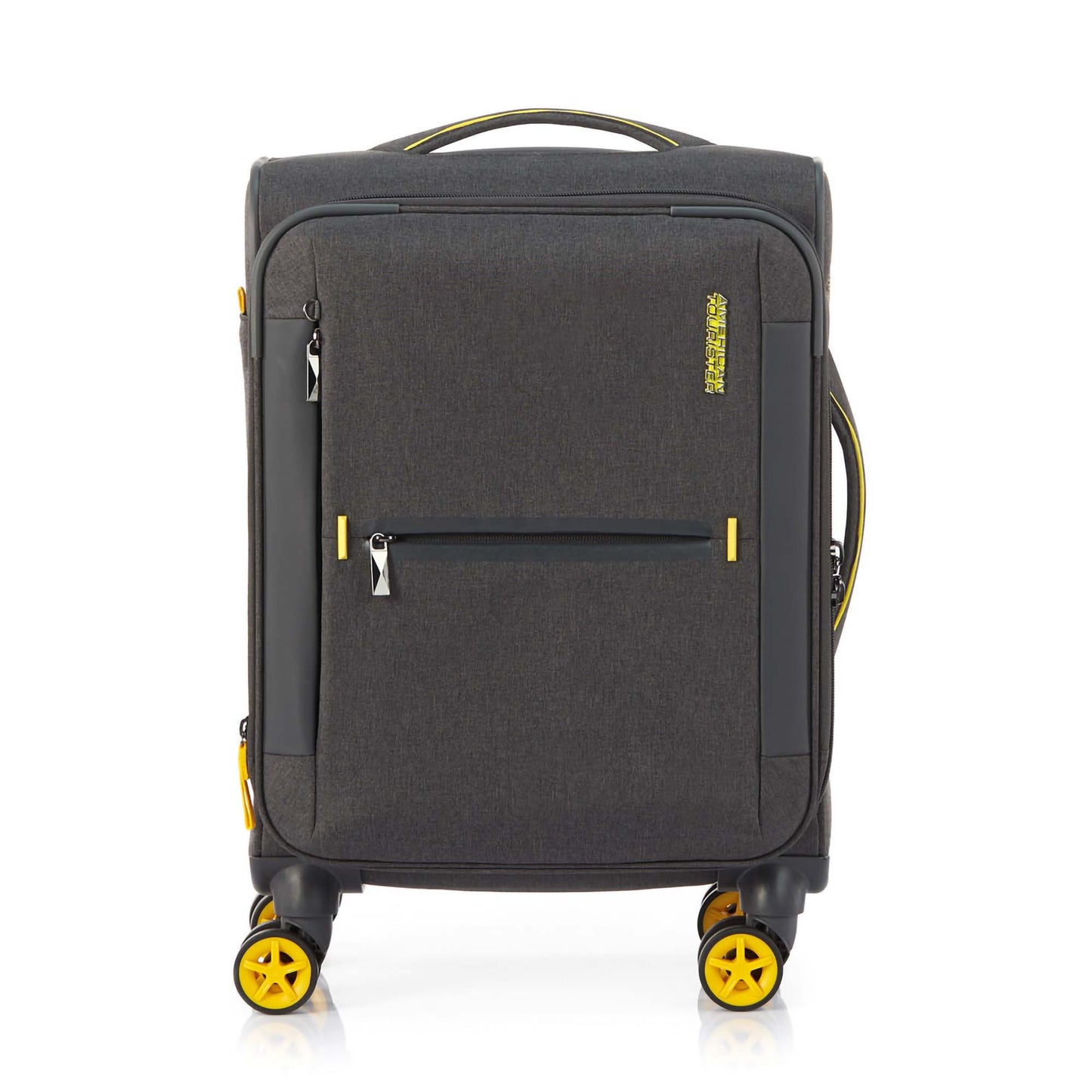 Front view of the American Tourister Droyce soft-shell spinner in Grey, featuring a modern dip-dye color gradient, yellow accents, and a distinctive metal logo. Shop Now Online