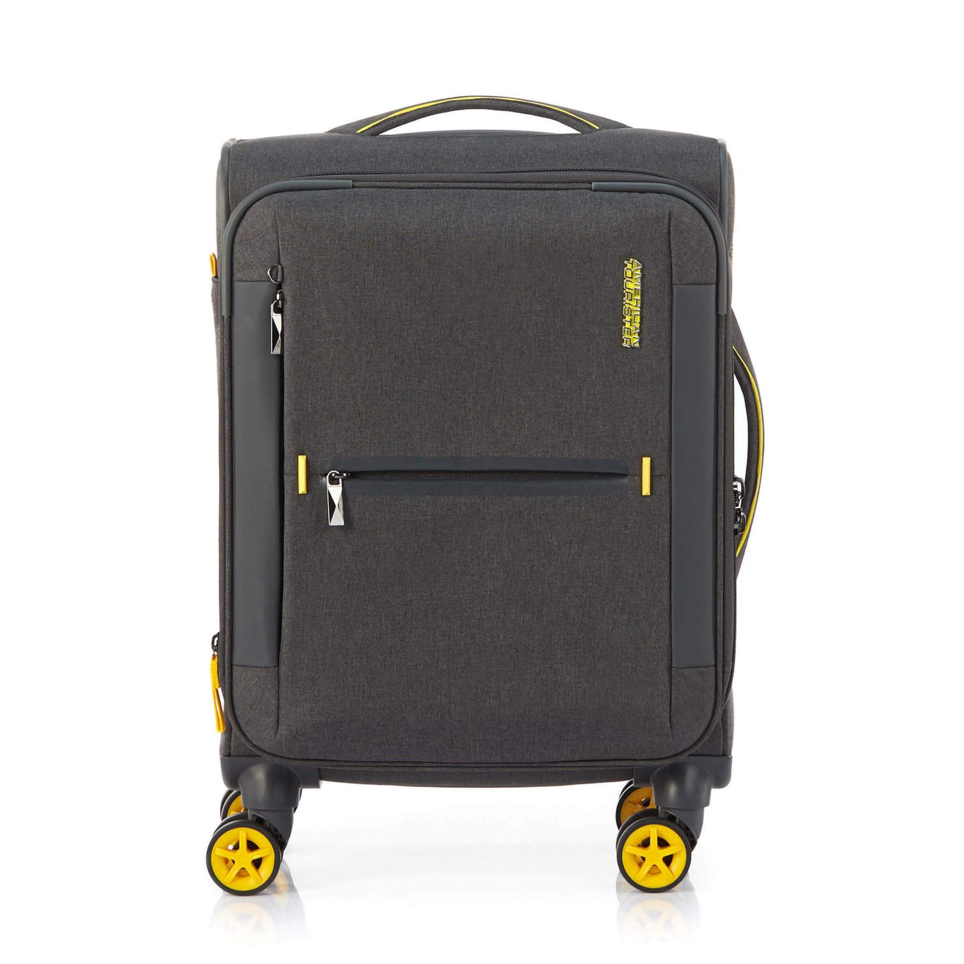 Front view of the American Tourister Droyce soft-shell spinner in Grey, featuring a modern dip-dye color gradient, yellow accents, and a distinctive metal logo. Shop Now Online