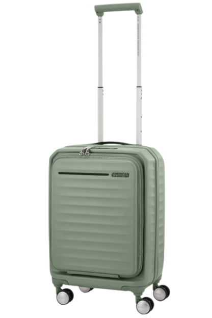 Front view of the American Tourister Frontec Spinner cabin in Forest Green, showcasing its unique vertical front-access door and clean, contemporary lines. Available for Online Purchase