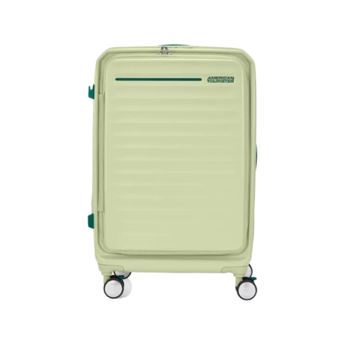 Front view of the American Tourister Frontec Spinner cabin in Frozen Matcha, showcasing its unique vertical front-access door and clean, contemporary lines. Available for Online Purchase