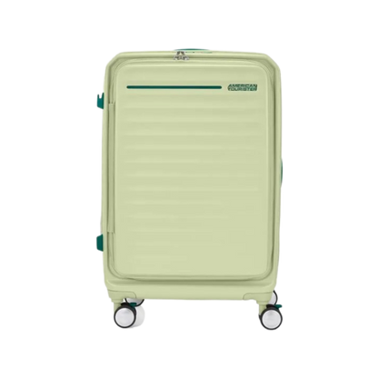 Front view of the American Tourister Frontec Spinner cabin in Frozen Matcha, showcasing its unique vertical front-access door and clean, contemporary lines. Available for Online Purchase