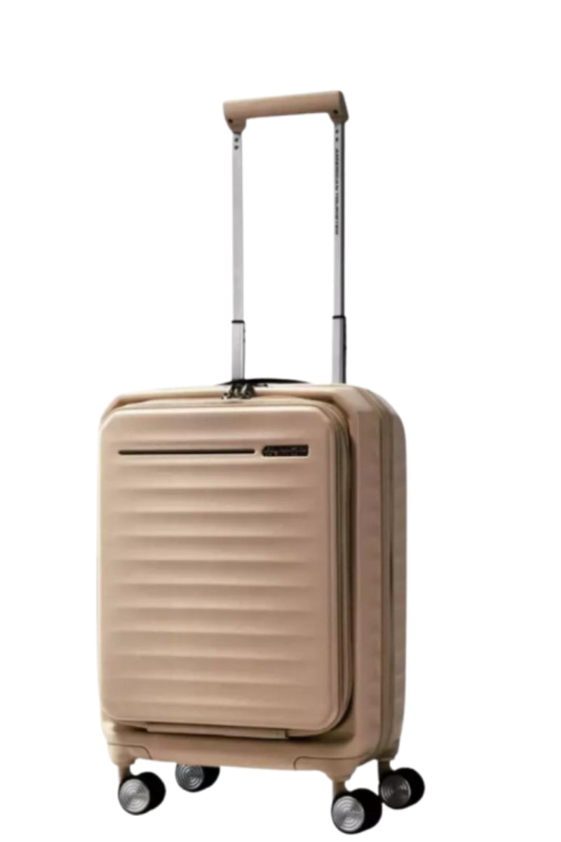 Front view of the American Tourister Frontec Spinner cabin in Gold, showcasing its unique vertical front-access door and clean, contemporary lines. Available for Online Purchase