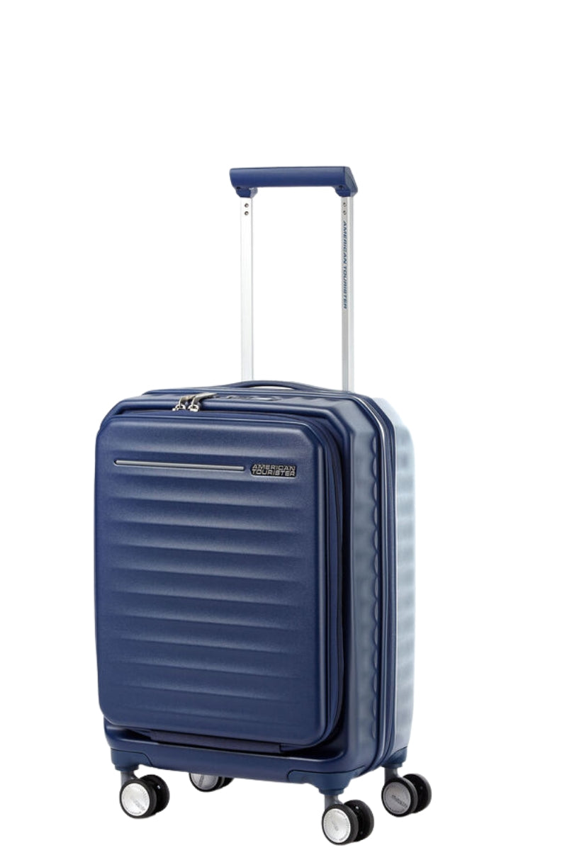 Front view of the American Tourister Frontec Spinner cabin in Navy, showcasing its unique vertical front-access door and clean, contemporary lines. Available for Online Purchase