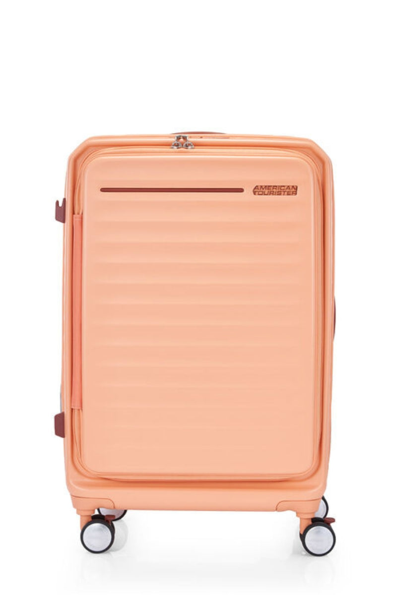 Front view of the American Tourister Frontec Spinner in Apricot Blush, showcasing its unique vertical front-access door and clean, contemporary lines. Available for Online Purchase