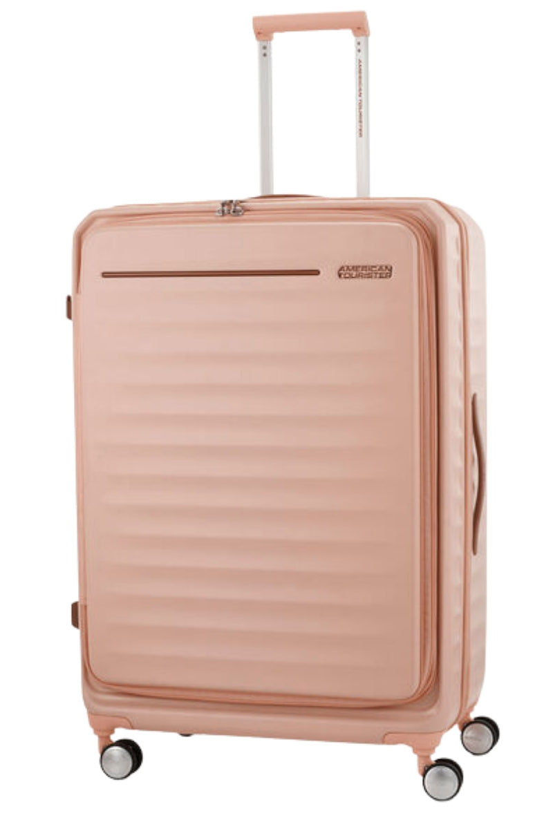 Front view of the American Tourister Frontec Spinner large in Apricot, showcasing its unique vertical front-access door and clean, contemporary lines. Available for Online Purchase