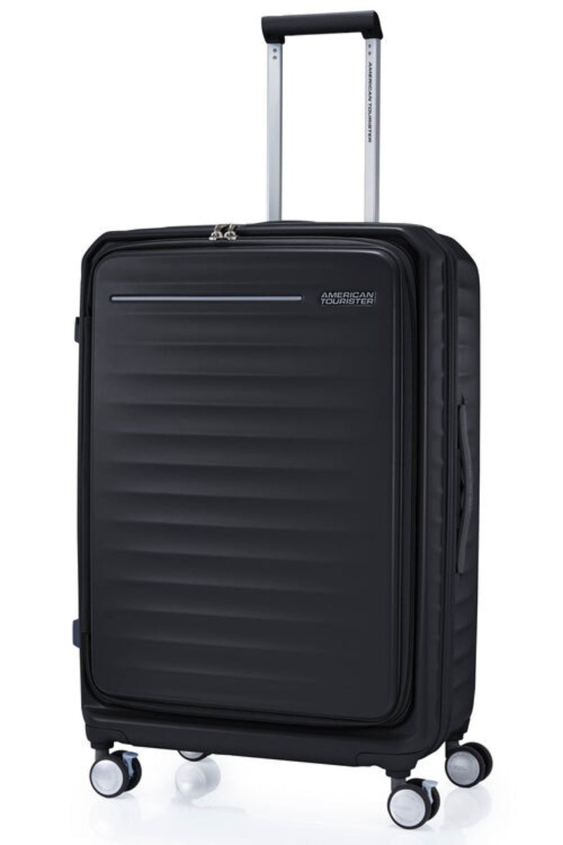 Front view of the American Tourister Frontec Spinner large in Black, showcasing its unique vertical front-access door and clean, contemporary lines. Available for Online Purchase