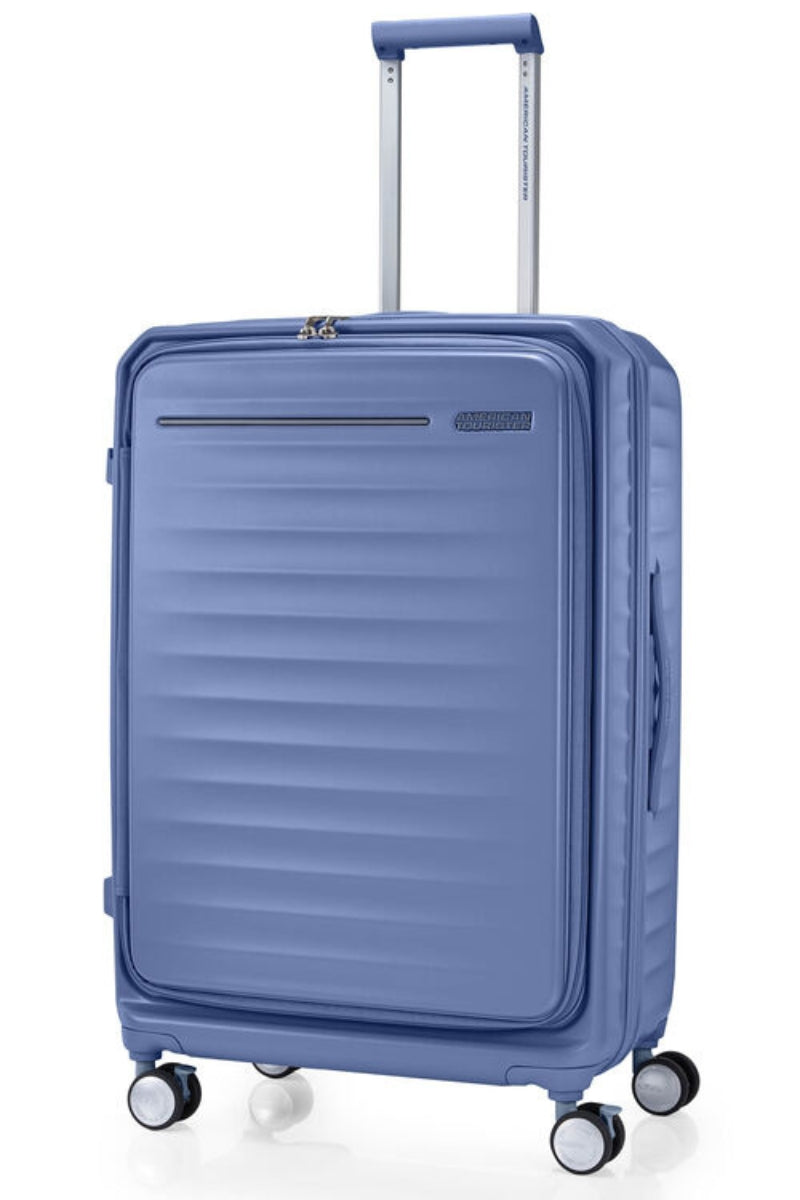 Front view of the American Tourister Frontec Spinner large in Elemental Blue, showcasing its unique vertical front-access door and clean, contemporary lines. Available for Online Purchase