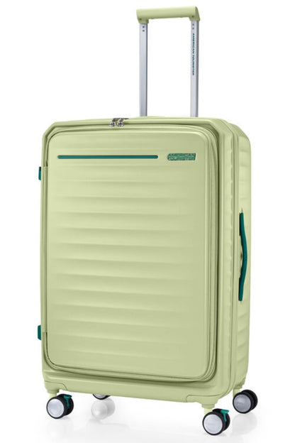 Front view of the American Tourister Frontec Spinner large in Frozen Matcha, showcasing its unique vertical front-access door and clean, contemporary lines. Available for Online Purchase