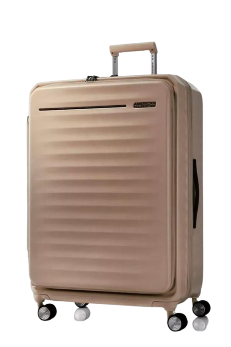 Front view of the American Tourister Frontec Spinner large in Gold, showcasing its unique vertical front-access door and clean, contemporary lines. Available for Online Purchase